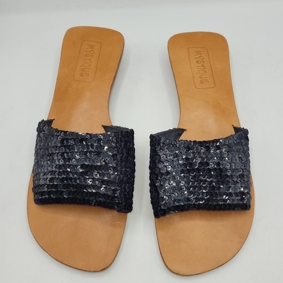 Mystique Black Sequined Leather Slides Sandals Block Heels Size 9 - Picture 16 of 16